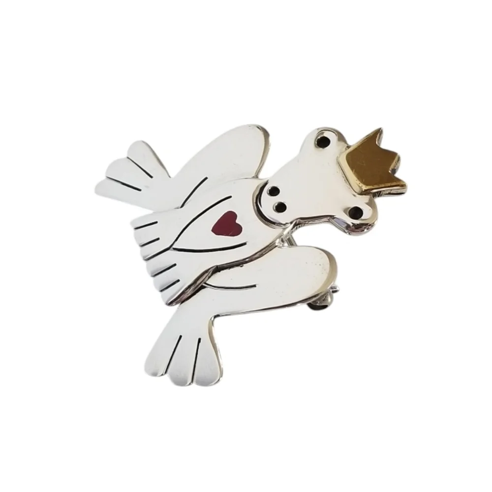 Vintage A&J Harvey Sterling Silver Frog Prince Brooch Brass Crown Enameled Heart